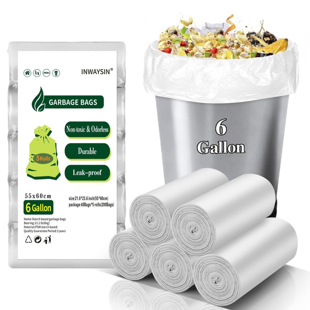 Biodegradable 6 Gallon Trash Bags Unscented - 200 Counts Compostable Medium Size Garbage Bags Durable & Strong Bulk Clear White Waste