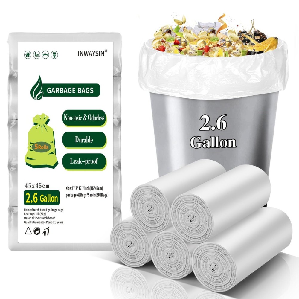 Compostable Mini Trash Bags 2.6 Gallon - Inwaysin Biodegradable Tiny Garbage Bag Unscented Leakage-Proof Strong Thick Trash Can Liners for Kitchen Office (5 Rolls, 200 Count, Clear White)