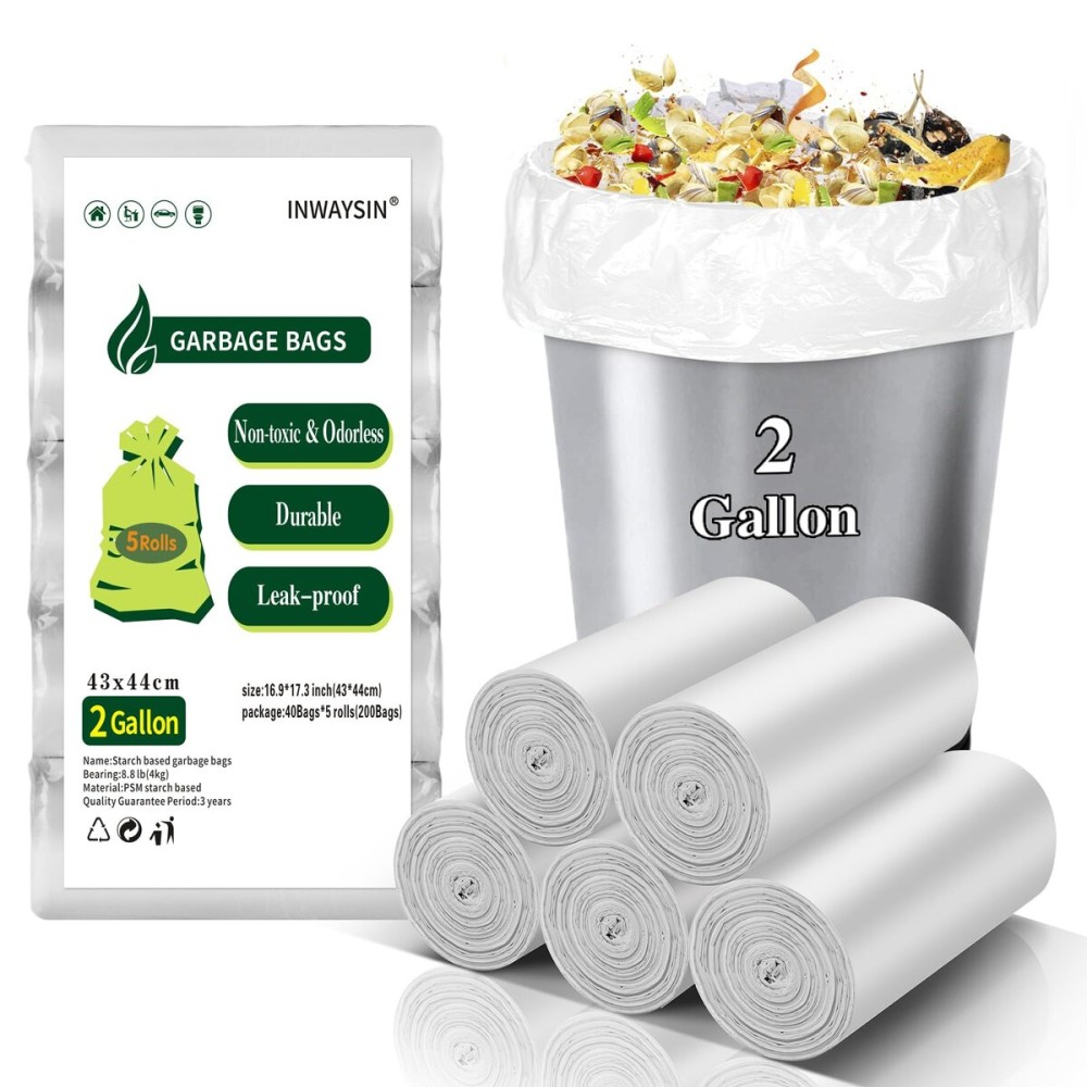 Compostable 2 Gallon Garbage Bags - Inwaysin Biodegradable 200 Counts Bulk Unscented Small Trash Bags Bulk Recycled Clear White Waste Basket Liners for Bathroom Kitchen Office