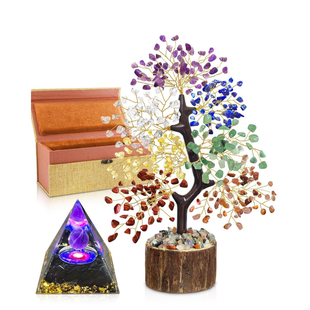 TATOODAA 7 Chakra Crystal Tree of Life with Orgonite Pyramid (Set 2) - Unique Birthday Gifts for Women, Chakra Healing Trees Positive Energy for Home Office Desk Decor, New House Warming Gift