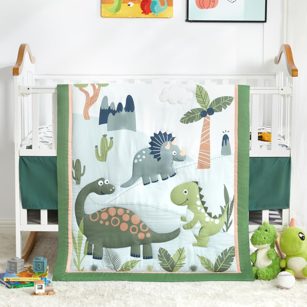 Wowelife Dinosaur Crib Bedding Set for Boys Green, Premium 3-Piece Baby Bedding Set, Nursery Crib Set, Newborn, Infant & Toddler Nursery Bed Set, Green Dinosaur