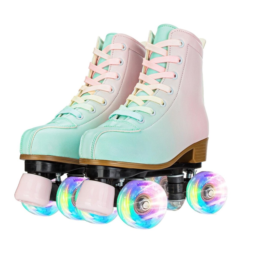 Gets Roller Skates Women,PU Leather Light up Lady\'s Roller Skates,Gradient Colorful Four-Wheel High-top Roller Derby Skate for Women Youth,Indoor,Outdoor,Beginner-Green Pink Flash,38