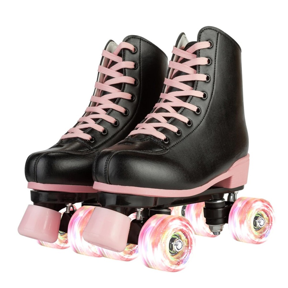 Women\'s Girls High-top Roller Skates with Light Up Wheels,PU Leather Classic Double-Row Roller Derby Skate for Women Men,Indoor Outdoor, Beginner-Black Pink Flash Wheel,38