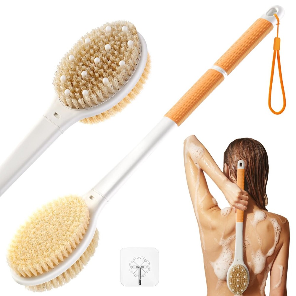 Shower Brush for Massage Dry Brushing: Back Scrubber for Shower with 18.1 Anti Slip Long Handle - Bath Body Brush for Lymphatic Drainage Exfoliator Improving Skin Health for Women Men Elderly(Orange)