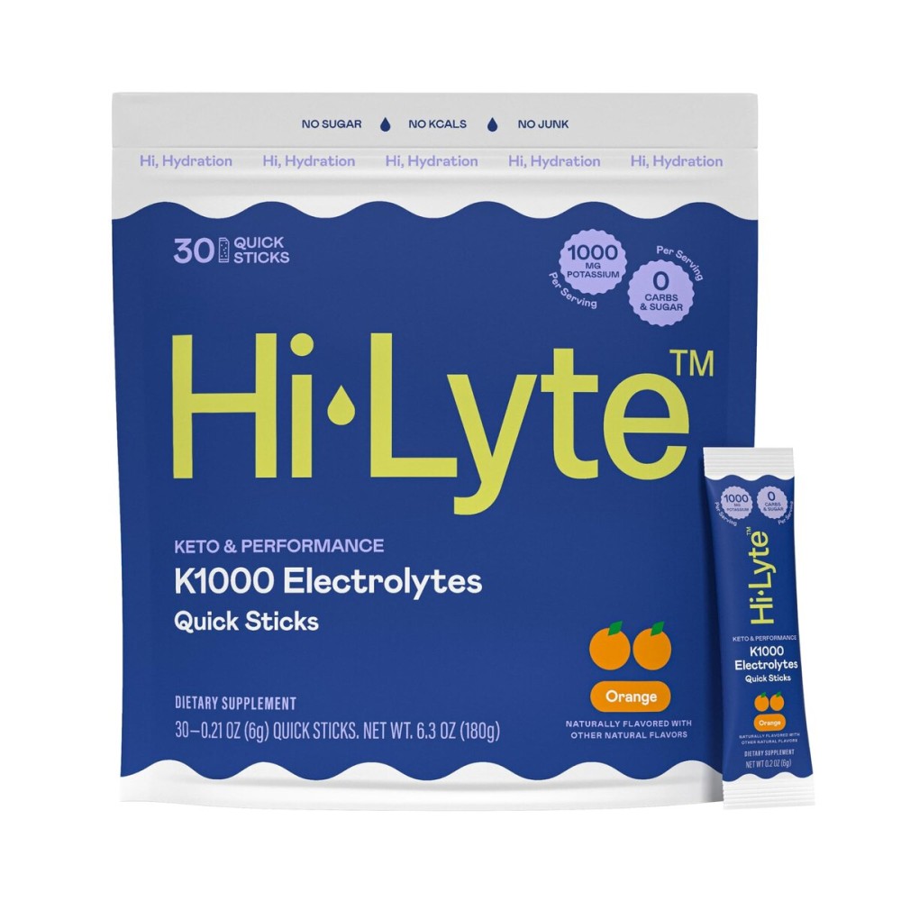 Hi-Lyte K1000 Electrolytes Powder Packets Orange, 30 Servings - 1000mg Potassium + Magnesium, Sodium, Trace Minerals - 0 Carbs, 0 Sugar