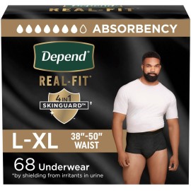 Depend Real Fit Adult Diapers, Incontinence Underwear for Men, Disposable, Maximum Absorbency, Large/Extra Large, Black, 68 Count, Packaging May Vary