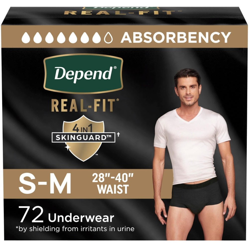 Depend Real Fit Adult Diapers, Incontinence Underwear for Men, Disposable, Maximum Absorbency, Small/Medium, Black, 72 Count, Packaging May Vary