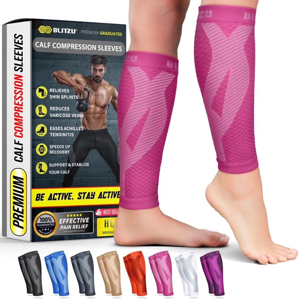 BLITZU Calf Compression Sleeves for Men and Women. Footless Compression Socks Support for Varicose Vein, Nursing, Running. Leg Sleeve Brace for Shin Splints, Pain Relief & Reduces Swelling Pink 3XL