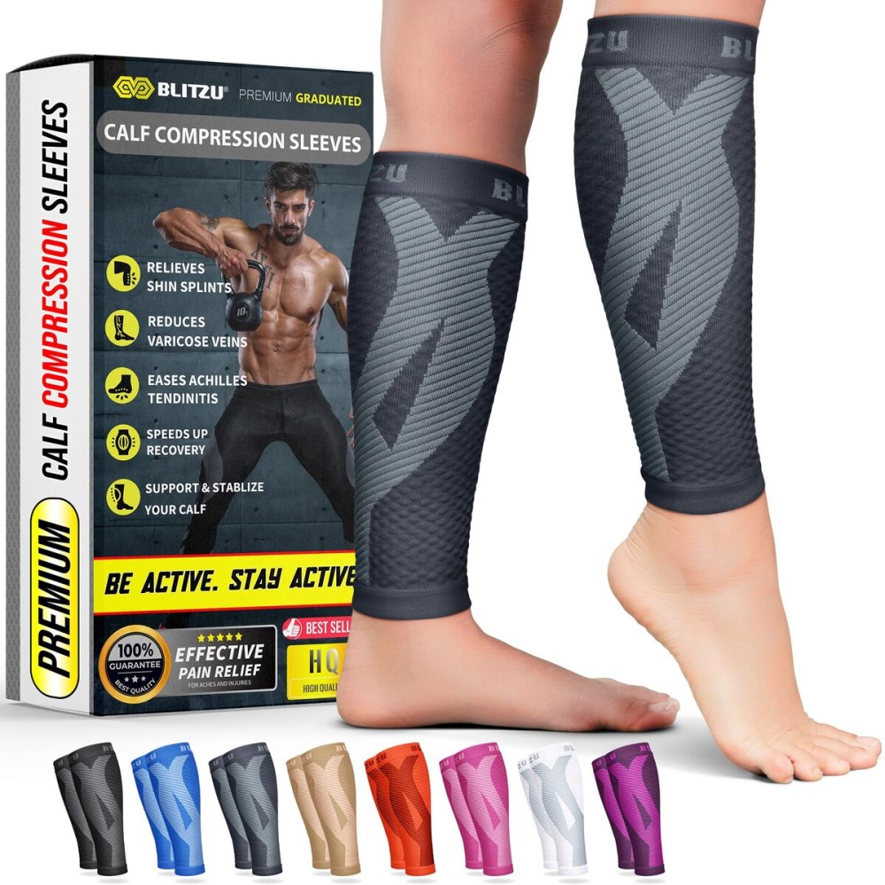 BLITZU Calf Compression Sleeves for Men and Women. Footless Compression Socks Support for Varicose Vein, Nursing, Running. Leg Sleeve Brace for Shin Splints, Pain Relief & Reduces Swelling Gray 3XL