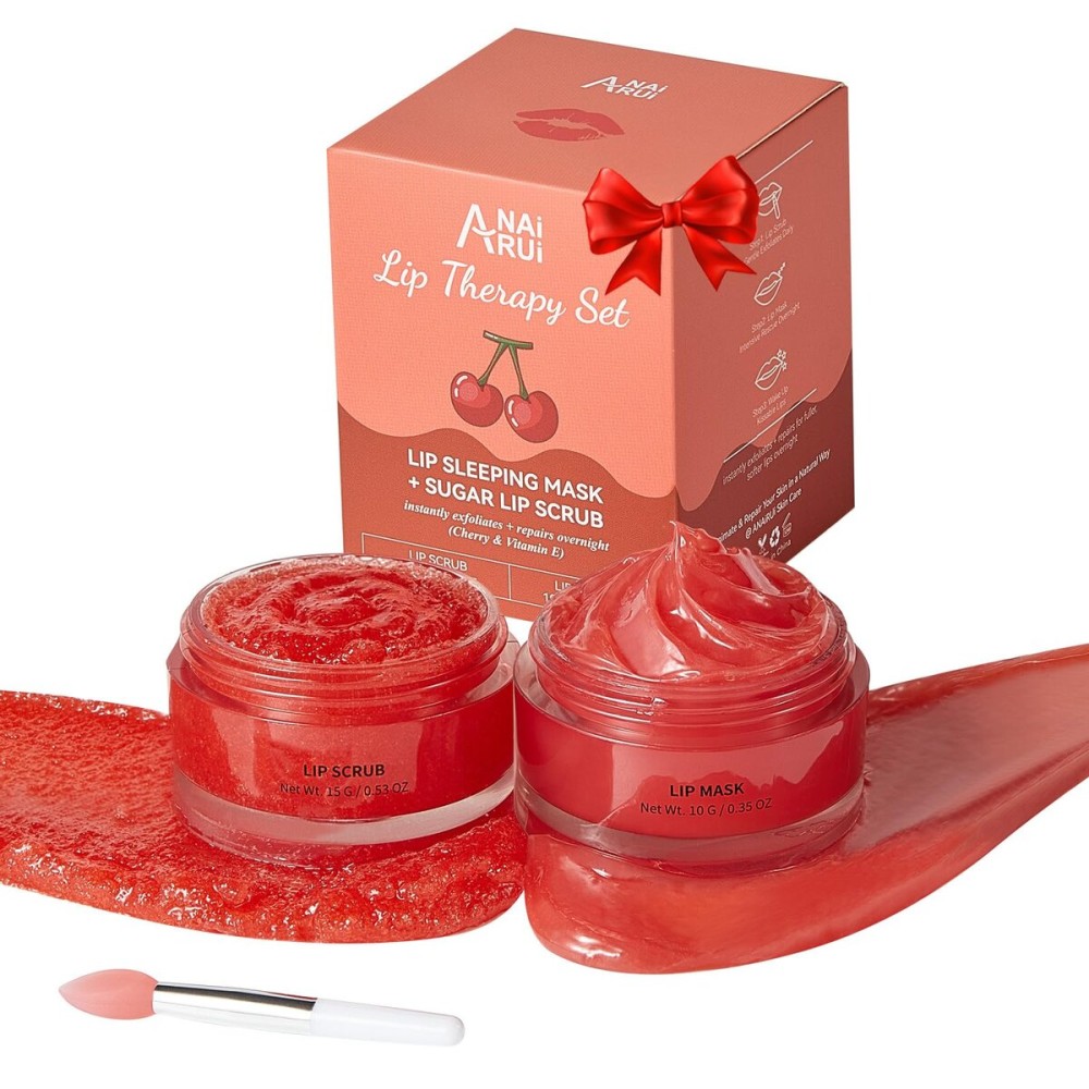 ANAI RUI Stocking Stuffers for Women, Cherry Lip Scrub & Lip Mask Set, Vitamin E, Lip Scrub For Women, Lip Scrubber Exfoliator, Hydrating Lip Mask Overnight, Sugar Scrub for Dry Chapped Lips
