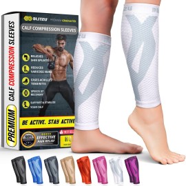 BLITZU Calf Compression Sleeves for Men and Women. Footless Compression Socks Support for Varicose Vein, Nursing, Running. Leg Sleeve Brace for Shin Splints, Pain Relief & Reduces Swelling White 3XL
