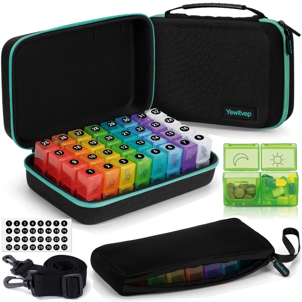 Monthly Pill Organizer 2 Times a Day with Weekly Pill Bag, 30 Day Pill Organizer 2 Times a Day with 32 Compartments, Monthly Stickers, Shoulder Strap, Hard Travel Case Medicine Vitamins Case