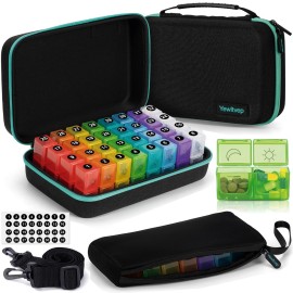 Monthly Pill Organizer 2 Times a Day with Weekly Pill Bag, 30 Day Pill Organizer 2 Times a Day with 32 Compartments, Monthly Stickers, Shoulder Strap, Hard Travel Case Medicine Vitamins Case
