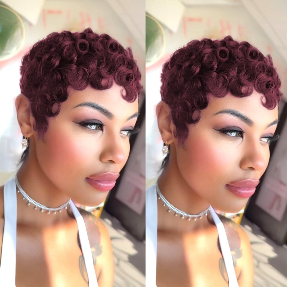 QiaQiaRing Pixie Cut Curly Human Hair Wigs for Black Women Dark 99J Lightwight Wig for Summer Wig Short Layered Curly Wigs With Bangs Guleless Brazilian Virgin Curly Human Hair
