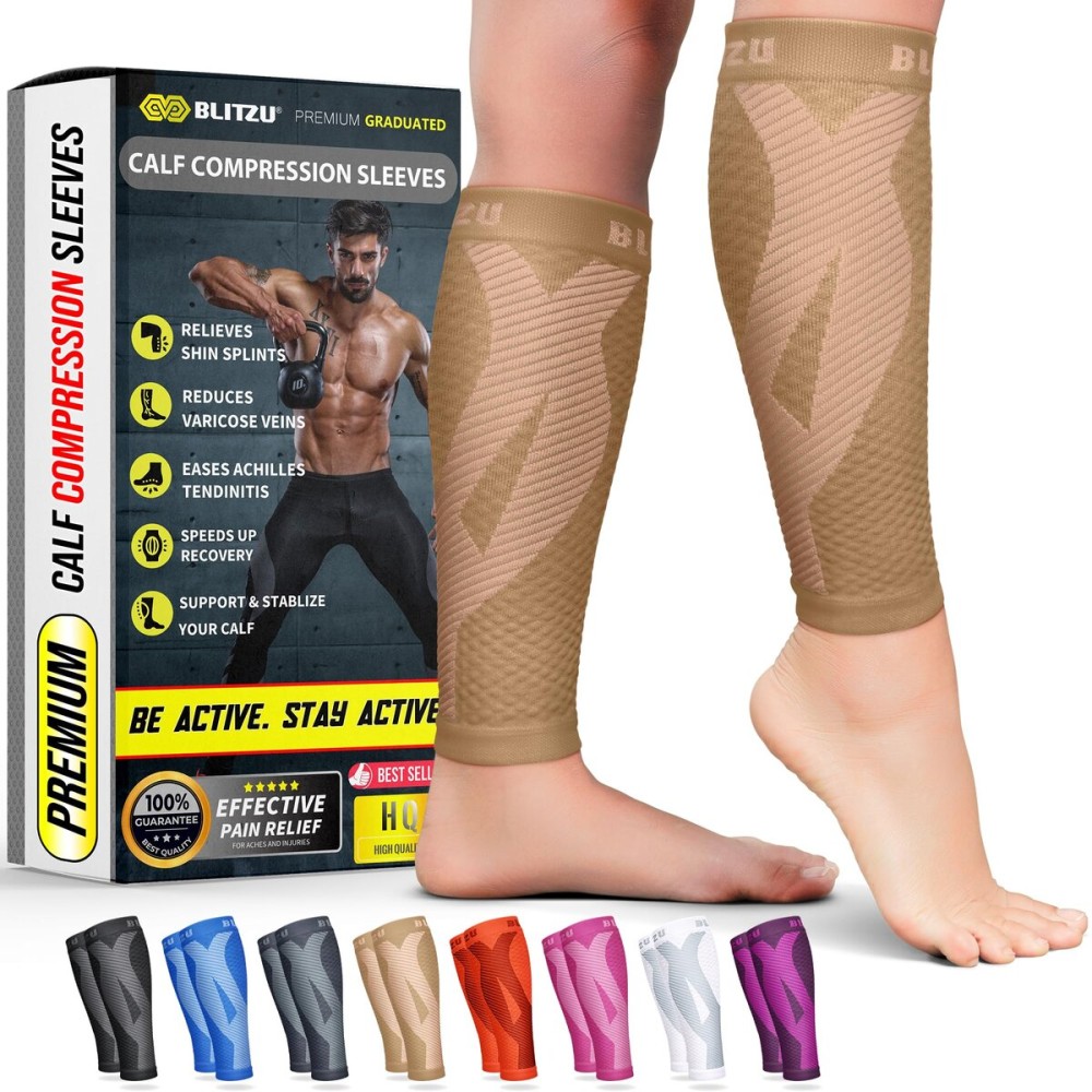 BLITZU Calf Compression Sleeves for Men and Women. Footless Compression Socks Support for Varicose Vein, Nursing, Running. Leg Sleeve Brace for Shin Splints, Pain Relief & Reduces Swelling Nude 3XL