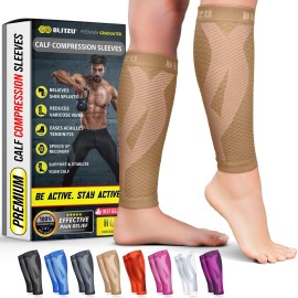 BLITZU Calf Compression Sleeves for Men and Women. Footless Compression Socks Support for Varicose Vein, Nursing, Running. Leg Sleeve Brace for Shin Splints, Pain Relief & Reduces Swelling Nude 3XL