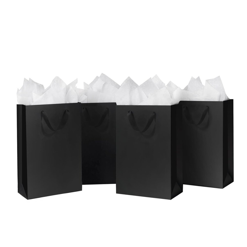 SHIPKEY 6 Pcs Luxury Black Bags with Tissue Paper, Medium Gift Bags for Men, Groomsmen Proposal Bag 8x4x11 Inch Kraft Paper Bag with Handles Bulk | Shopping Wrappings for Men, Groomsman (20x10x28cm)