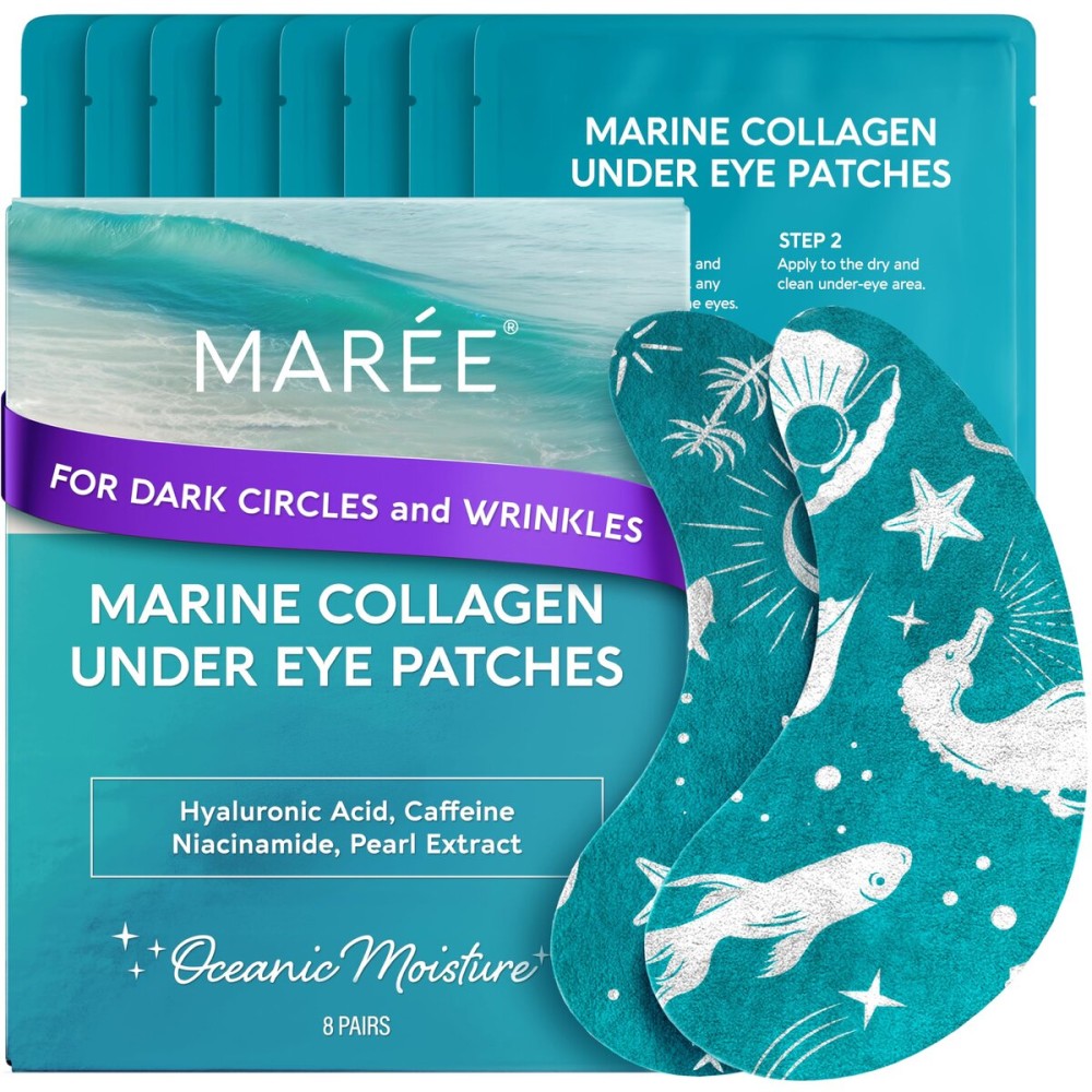 MAREE Hydrating Under Eye Patches for Puffy Eyes and Dark Circles - Marine Collagen & Caffeine Eye Patches - Brightening Eye Patche with Niacinamide - Depuffing Eye Mask for Dark Circles and Puffiness