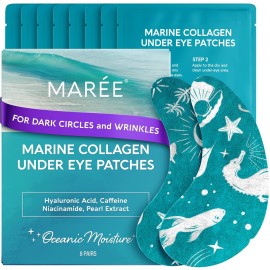 MAREE Hydrating Under Eye Patches for Puffy Eyes and Dark Circles - Marine Collagen & Caffeine Eye Patches - Brightening Eye Patche with Niacinamide - Depuffing Eye Mask for Dark Circles and Puffiness