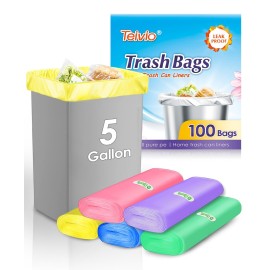 Teivio Colorful Clear Trash Bags 5 Gallon 100 Counts Garbage Bags, Bathroom Trash Can Bin Liners, Small Plastic Bags for home office kitchen, fit 15-18 Liter, 3,3.5,4.5 Gal,Multicolor