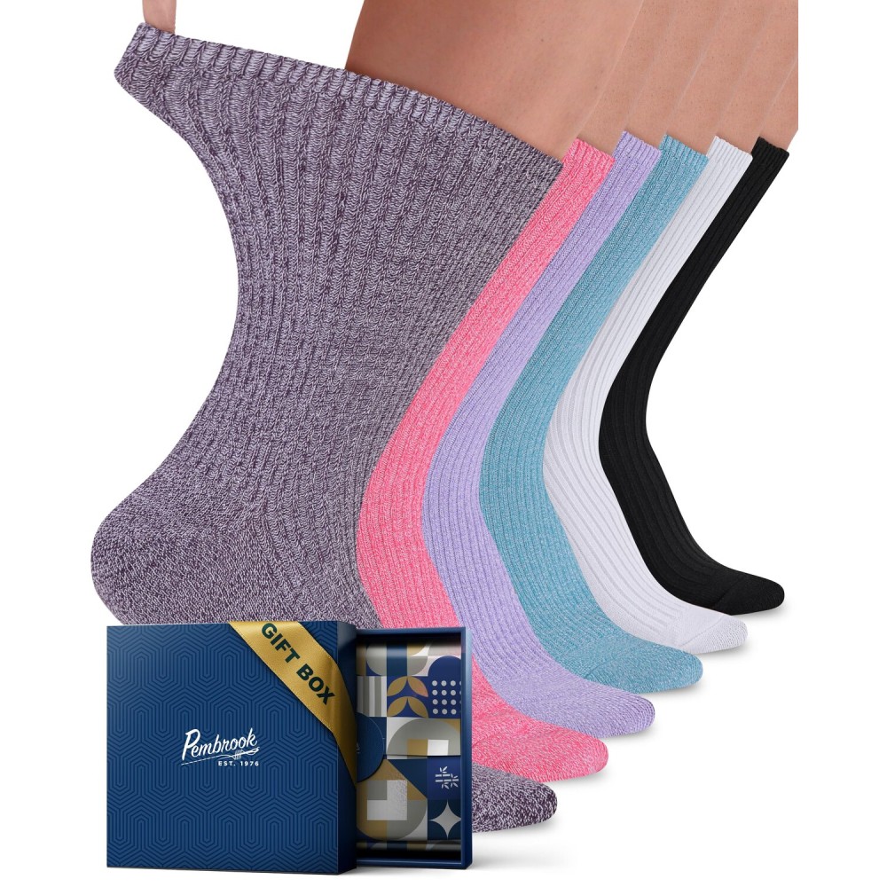 Pembrook Ribbed Knit Bamboo Viscose Diabetic Socks for Women - 6 Pairs | Crew Neuropathy Socks | Black, White, Pink, Lavender, Turquoise, Purple | (GP) 6P