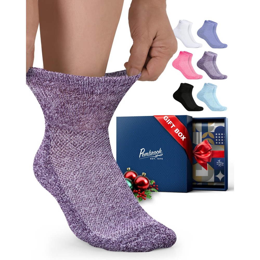 Pembrook Ankle Socks for Men & Women | 6 Pairs - Gift Box | Black, White, Blue, Light Blue, Pink, Purple | Diabetic & Neuropathy Socks for Men 9-12 (GP) 6P