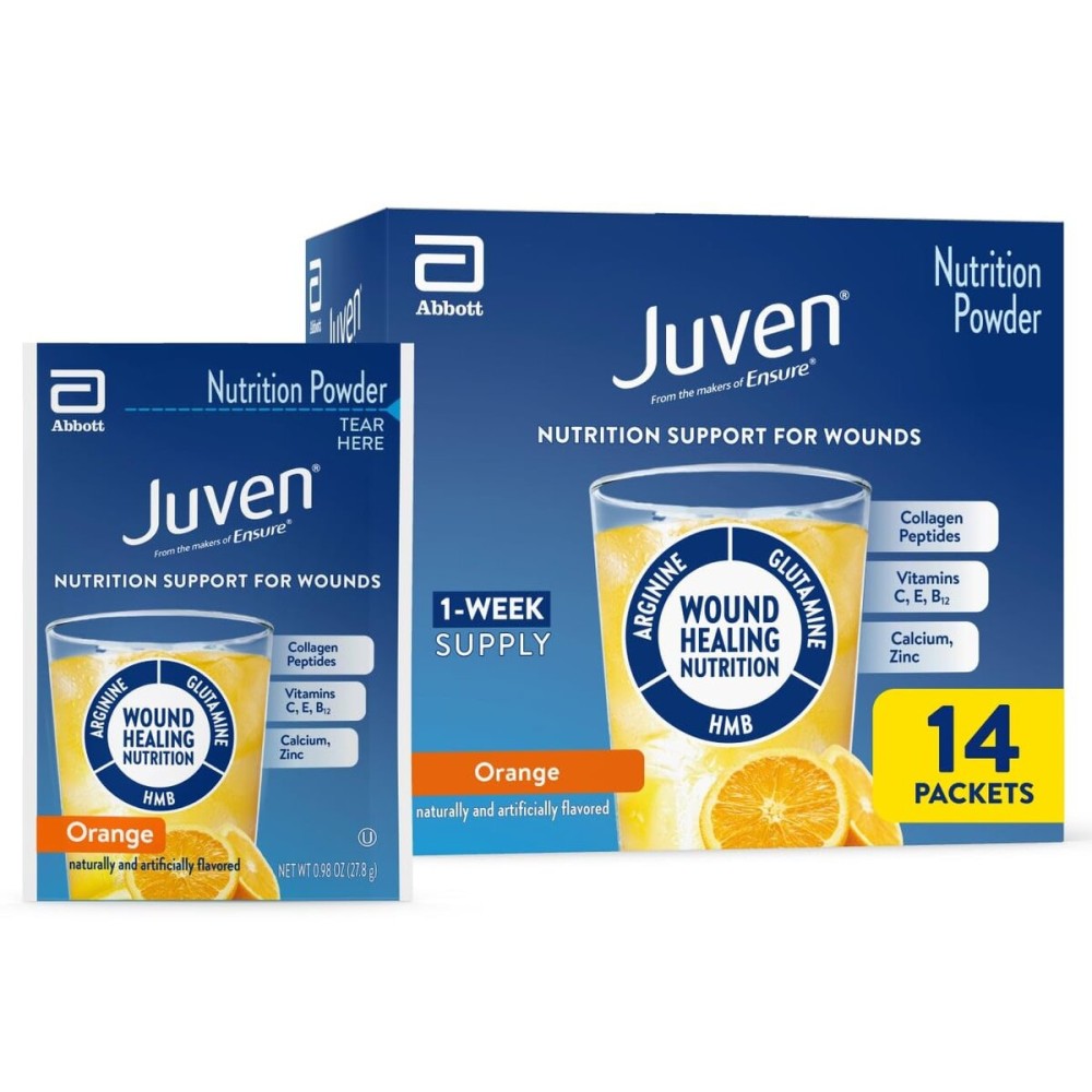 Juven Therapeutic Nutrition Drink Powder Including Collagen Peptides, Amino Acids, and HMB for Wound Healing Support, Orange, 14 Packets