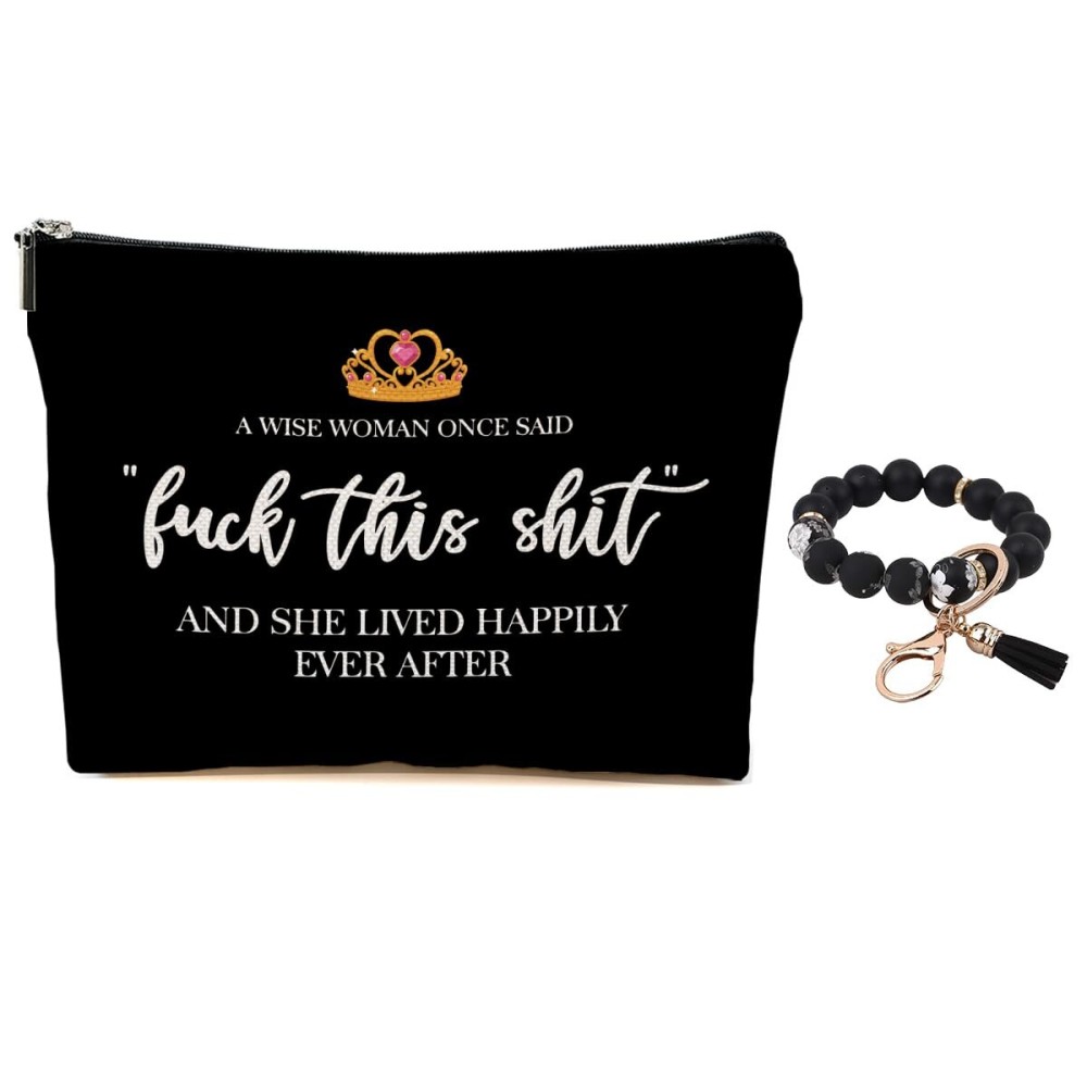 Funny Inspirational Makeup Bag for Women Lady Bestie, Large Capacity Makeup Pouch Travel Organizer Toiletry Cosmetic Bag, Silicone Beaded Bracelet Keychain with Tassel, Gifts for Women, Black