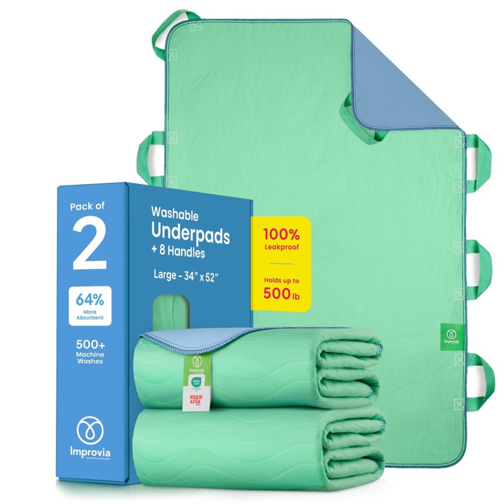 Improvia Positioning Bed Pad, with 8 Reinforced Handles, Quick-Drying, Washable, Waterproof, for Lifting, Turning, Transfering, Elderly and Incontinence Patients (Green, Pack of 2)