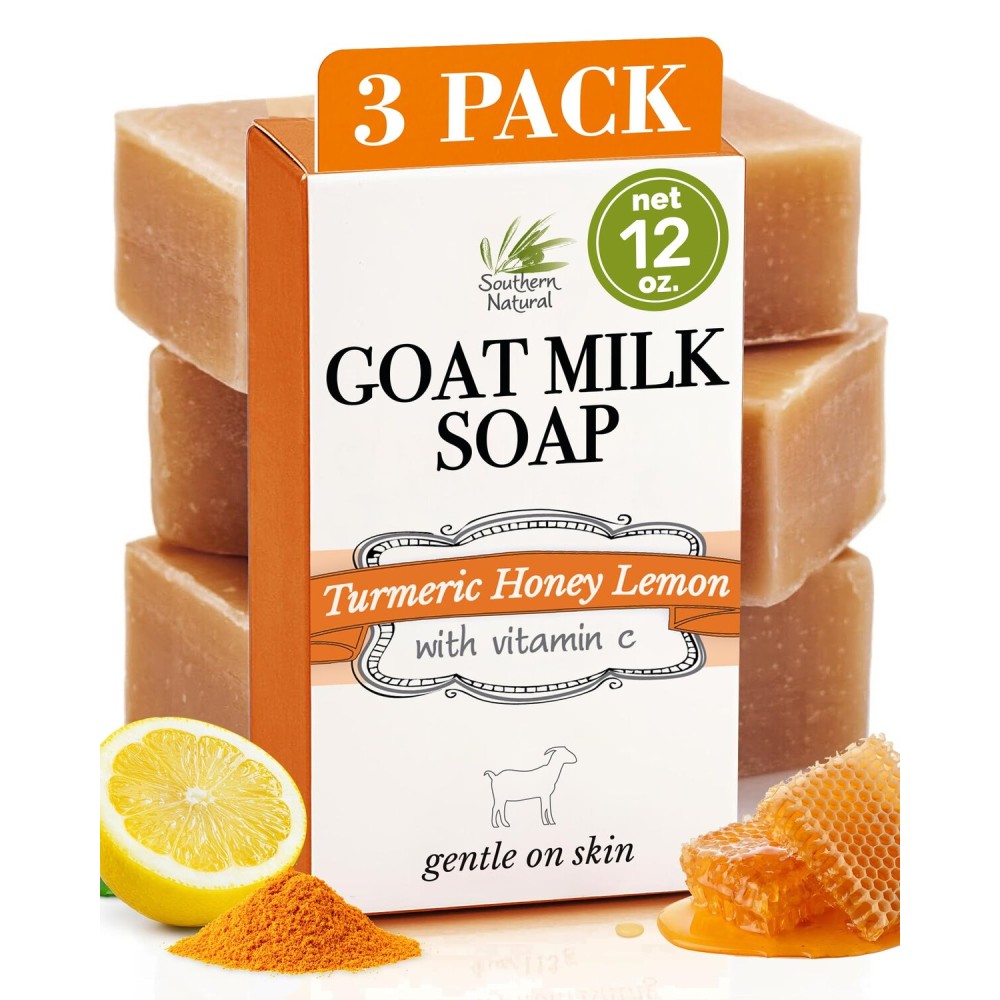 Southern Natural Turmeric Honey Lemon Goat Milk Soap - Handmade, All Natural Turmeric Soap Bar for Face & Body. Gentle Hydration & Nourishment For A Natural Glow & Even Skin Tone, 3 Pack