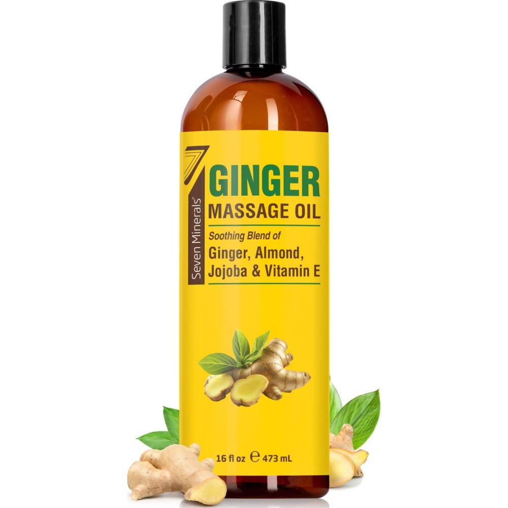 Seven Minerals Ginger Massage Oil for Lymphatic Drainage Massage Therapy - Big 16 oz - Warming and Ultra Relaxing - Therapeutic Grade Essential Oils Soothes Tired Muscles & Relaxes Mind and Body