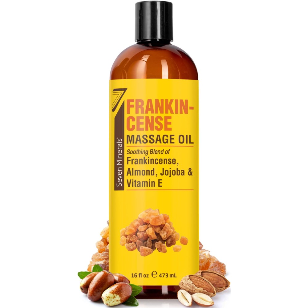 Seven Minerals Frankincense Massage Oil for Massage Therapy - Big 16 oz - Ideal for Professional or at-Home Body Massage. Soothing Natural Blend of Almond, Jojoba & Vitamin E