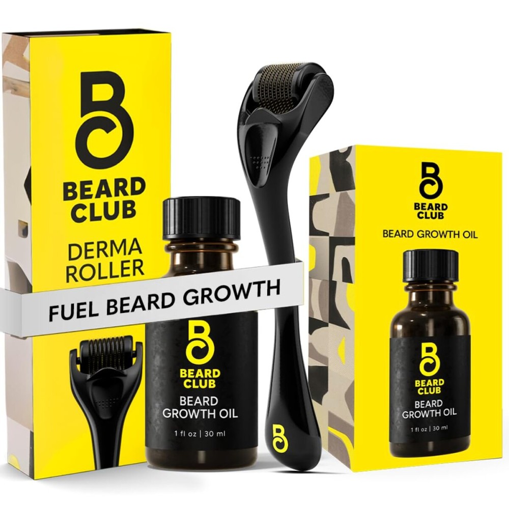 Beard Club Derma Roller & Beard Growth Oil - Microneedling Roller with 540 Titanium Coated Microneedles & Cedar, Sandalwood Beard Oil
