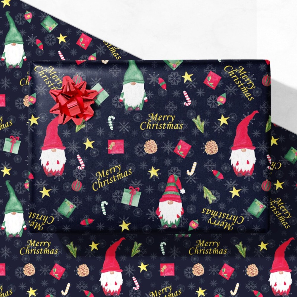 GIOLNIAY Gnome Christmas Wrapping Paper for Men Women Kids - Navy Blue Xmas Gift Wrap with Gnome & Merry Christmas Text - 4 Jumbo Sheets, 2840 Each, Easy to Store