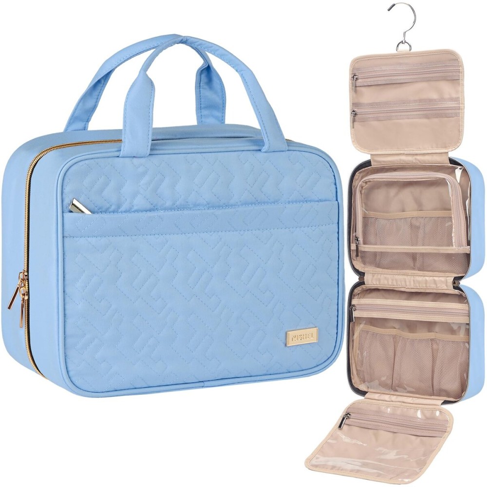 NISHEL Travel Toiletry Bag for women, Portable Hanging Organizer for Travel-Sized Shampoo, Conditioner, Brushes Set, Makeup Accessories, Medium Size, Placid-Blue