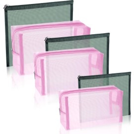 Boao 6 Pieces Mesh Makeup Bags Mesh Cosmetic Bag Portable Travel Organizing Zipper Pouch Toiletries Makeup Pouches for Home Office Travel Accessories (Green and Pink)