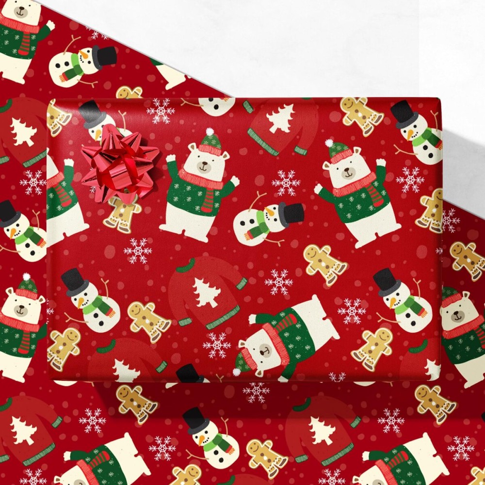 GIOLNIAY Red Christmas Wrapping Paper Men Women Kids - Holiday Gift Wrap with Polar Bear, Snowman, Gingerbread Man & Sweater - 4 Jumbo Sheets, 2840 Each, Easy to Store