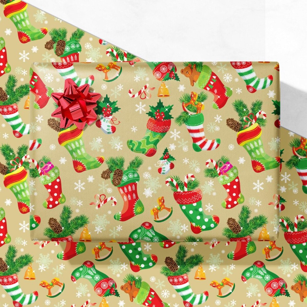 GIOLNIAY Green Christmas Wrapping Paper for Kids Men Women - Holiday Gift Wrap with Xmas Stockings, Snowflakes, Candy & Birds - 4 Jumbo Sheets, 2840 Each, Easy to Store