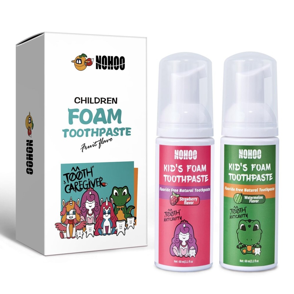NOHOO Fluoride Free Foam Toothpaste Kids Fruit Flavour,Natural Training Toothpaste for Baby Toddler Children Oral Cleaning and Cavity Protection(Strawberry + Watermelon)