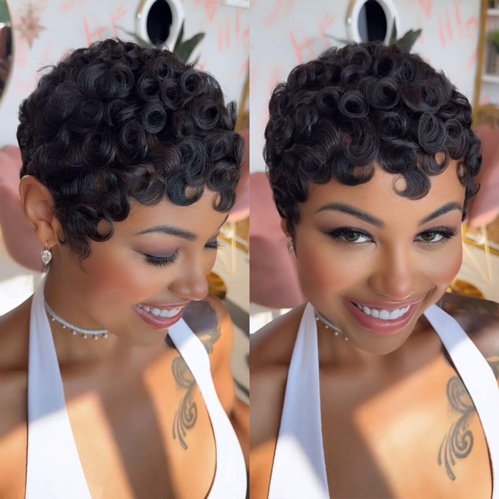 VRZ Short Pixie Cut Wig Human Hair Glueless Pixie Cut Wigs for Black Women Natural Black Color for Daily Use Full Machine Made Wig No Glue Short Curly Human Hair Wig