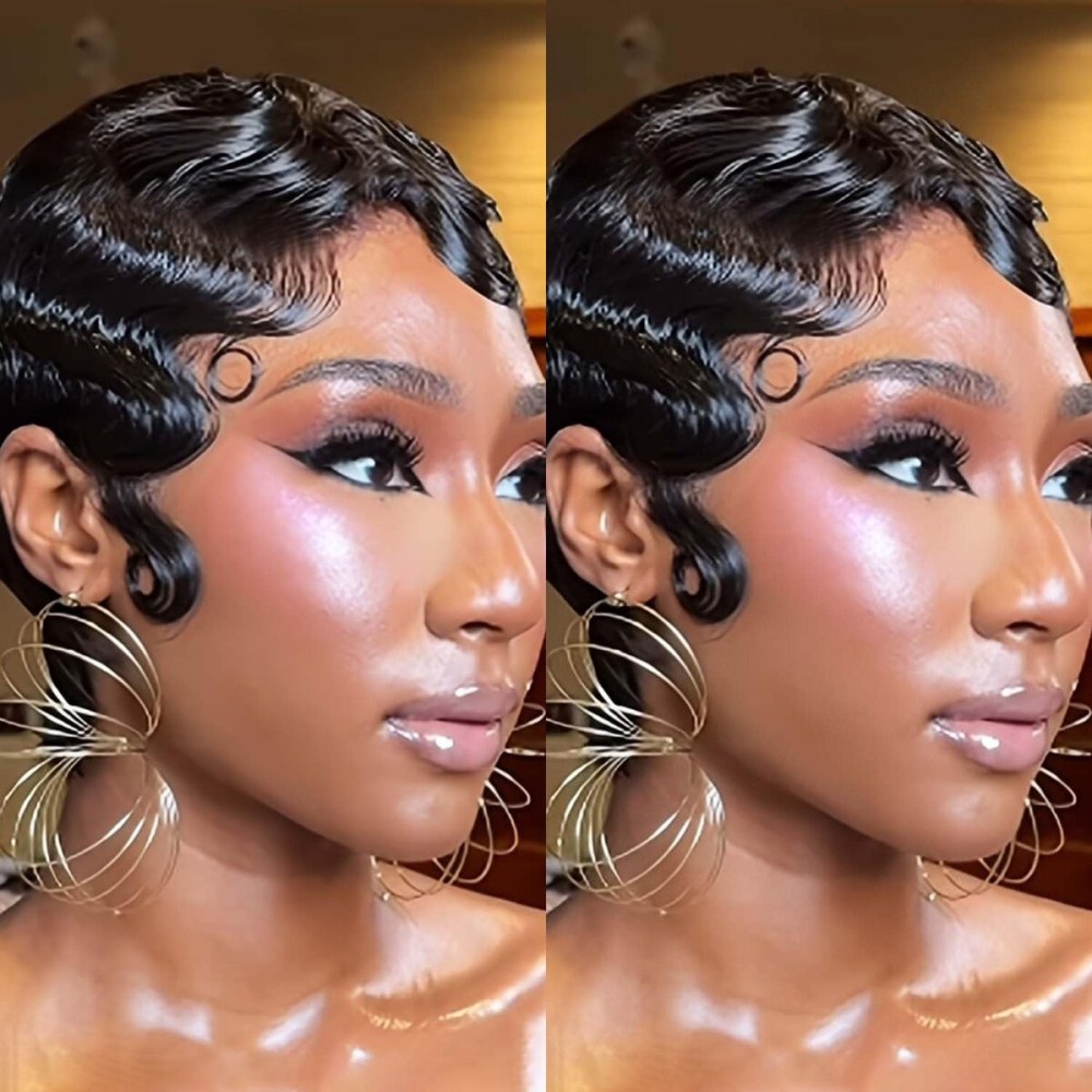 VRZ Short Wigs for Black Women Human Hair Ocean Finger Wave Pixie Cut Wig Human Hair Glueless Costume Wig Layered Brazilian Virgin Black Color No Glue Wig for Daily Use