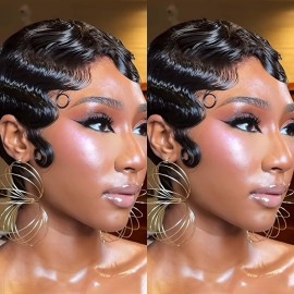 VRZ Short Wigs for Black Women Human Hair Ocean Finger Wave Pixie Cut Wig Human Hair Glueless Costume Wig Layered Brazilian Virgin Black Color No Glue Wig for Daily Use