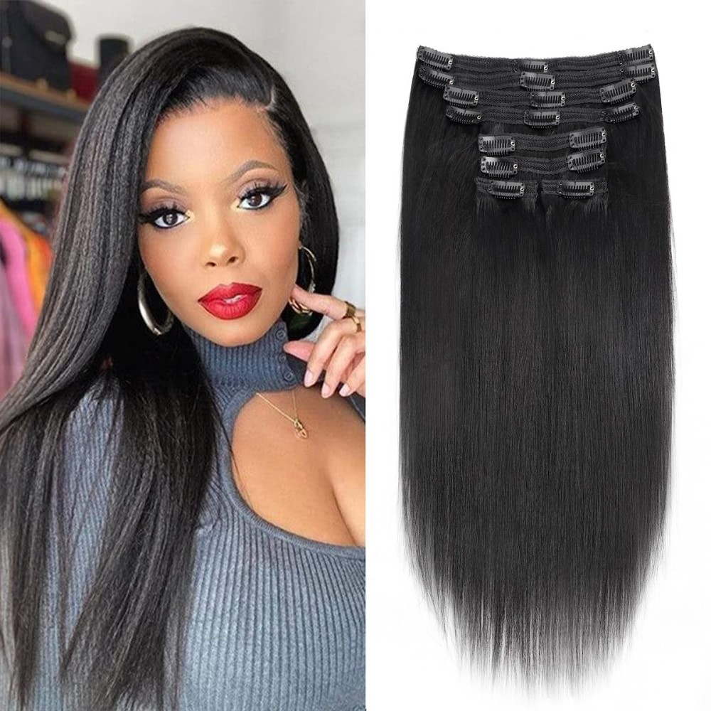 16 Inch Yaki-Straight Clip ins Real Human Hair Yaki Clip in Hair Extensions For Women Clip on Hair Extensions Brazilian Virgin Hair Extension