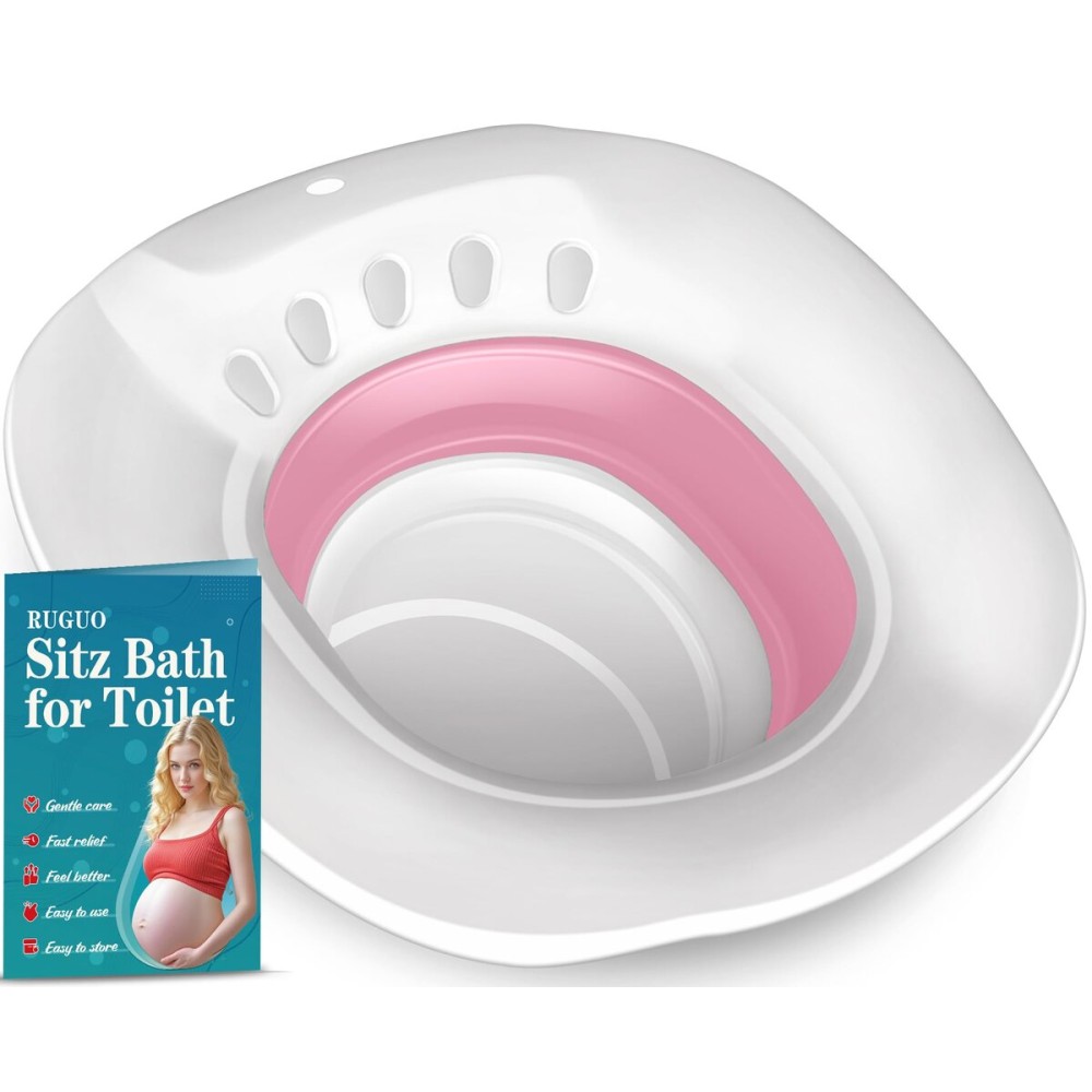 RUGUO Sitz Bath for Toilet Seat - Yoni Steam Seat - Sitz Bath for Hemorrhoids and Postpartum Care - Portable Bidet BPA Free - Foldable Basin for Epsom Salt Soak - Pink