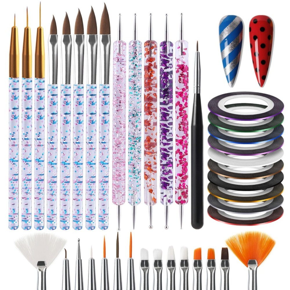 Artdone 38Pcs Nail Striping Tape Lines Kit With Nail Art Pens Dotting Tools And Liner Brushes For Gel Polish Small Detail Drawing Design Paint