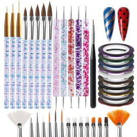 Artdone 38Pcs Nail Striping Tape Lines Kit With Nail Art Pens Dotting Tools And Liner Brushes For Gel Polish Small Detail Drawing Design Paint