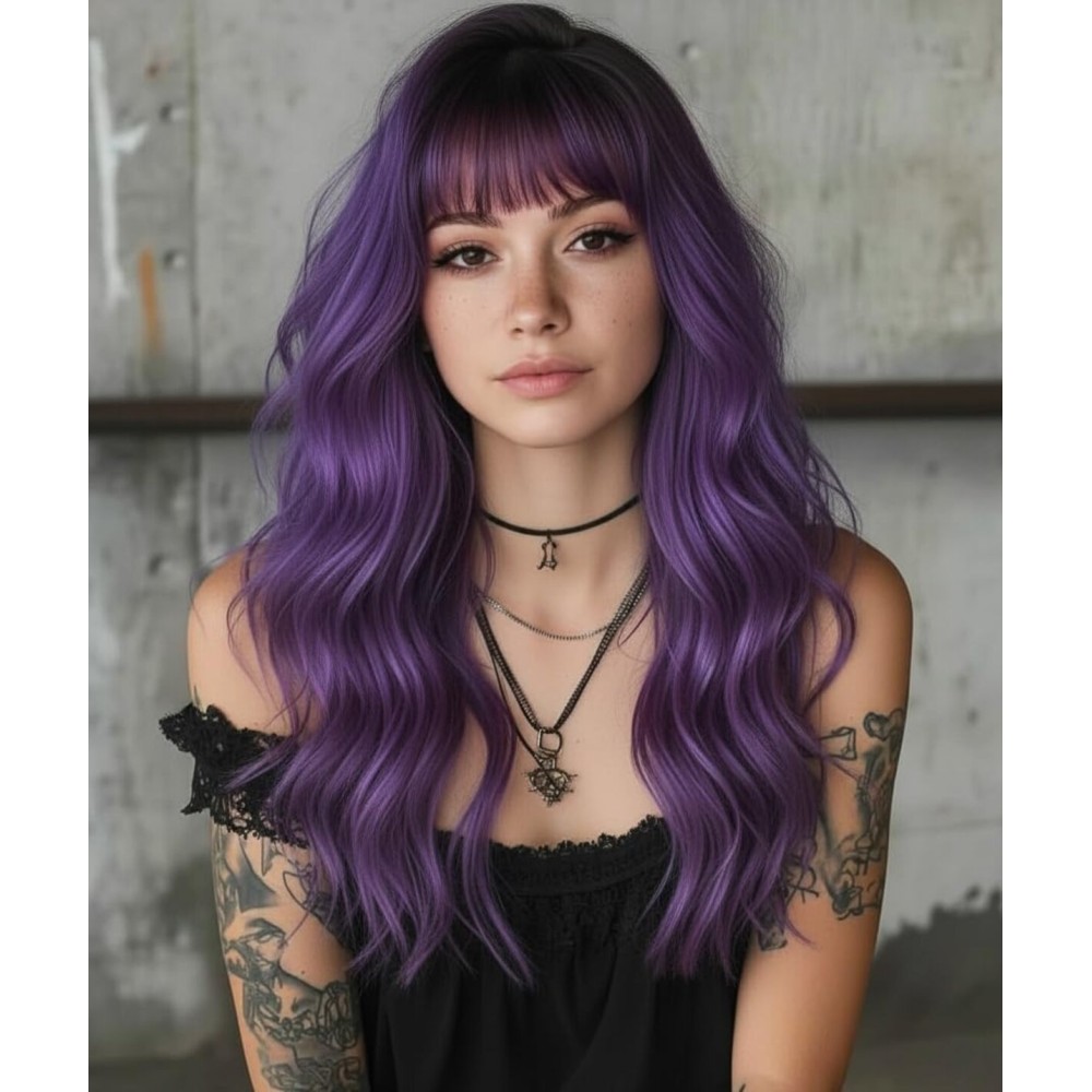 SYMEIW Purple Hair Wavy Wigs With Bangs For Women Synthetic Purple Wigs For Daily Use Everyday Wear.
