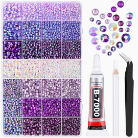 20000Pcs Purple Rhinestones for Bedazzling with 1Pcs B7000 Jewelry Glue, Resin Rhinestones for Crafting Crafts DIY, Bedazzler Kit Gems for Clothing Shoes Tumblers Nail Art Assorted Size 3/4/5/6mm