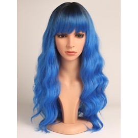 SYMEIW Blue Hair Wavy Wigs With Bangs For Women Synthetic Blue Wigs For Daily Use Everyday Wear.