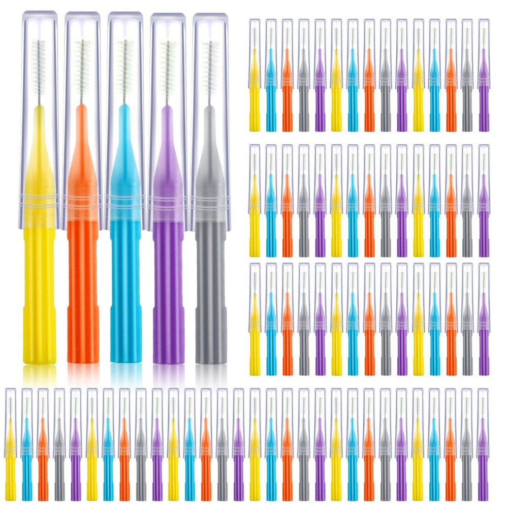 Patelai 100 Pieces Braces Brush for Cleaner Interdental Brush Toothpick Dental Flossing Head Oral Hygiene Flosser Tooth Cleaning Tool(Orange,Yellow, Light Blue, Purple, Grey)